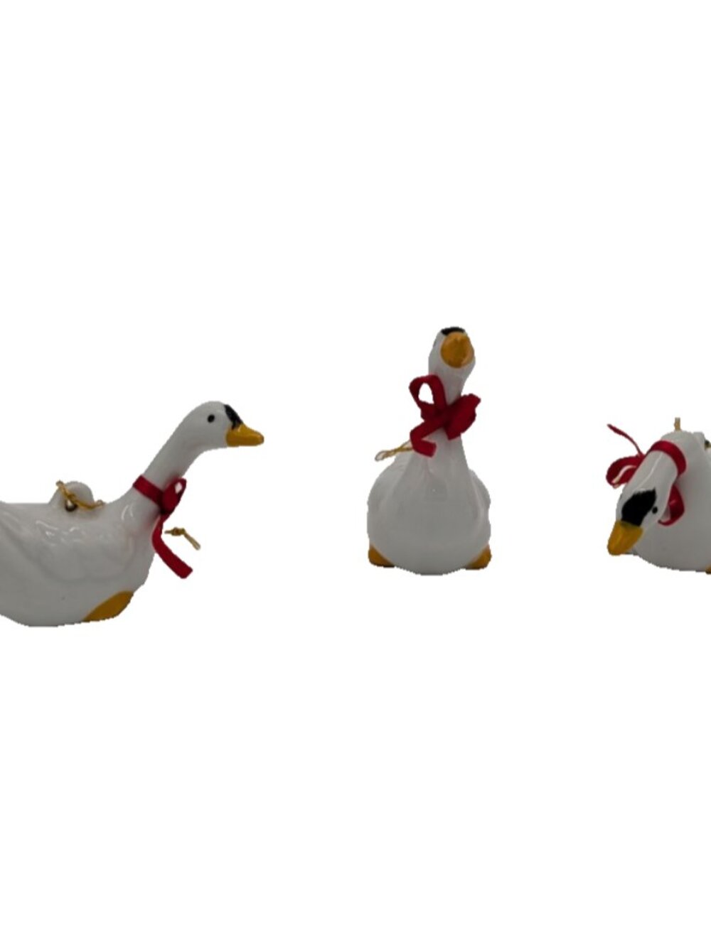lot of 3 WHITE CERAMIC DUCK GOOSE geese w/RED BOW 2.5” ORNAMENT